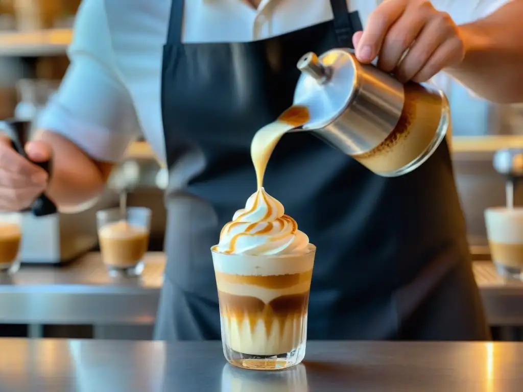 Un barista vierte espresso caliente sobre helado de vainilla en vaso transparente, creando un affogato al café