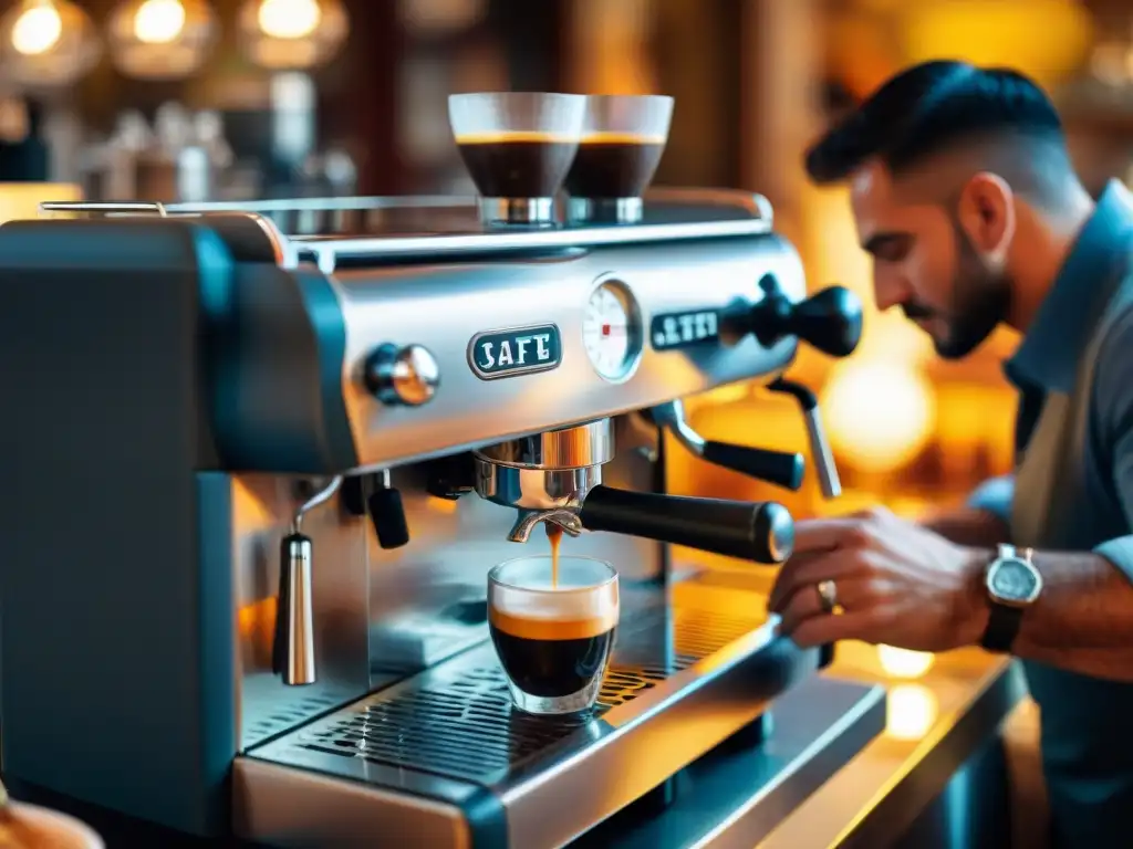 Barista preparando espresso en Roma, con clientes en el café