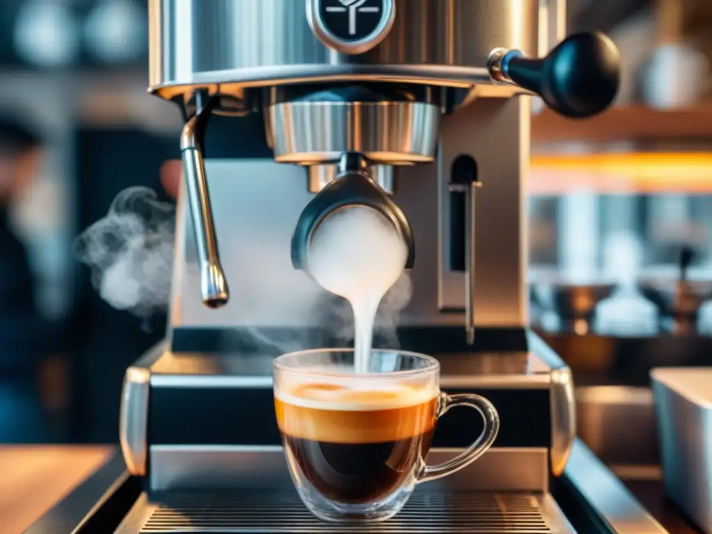 Un barista preparando un espresso con destreza, mostrando la crema y el vapor, en una cafetería animada