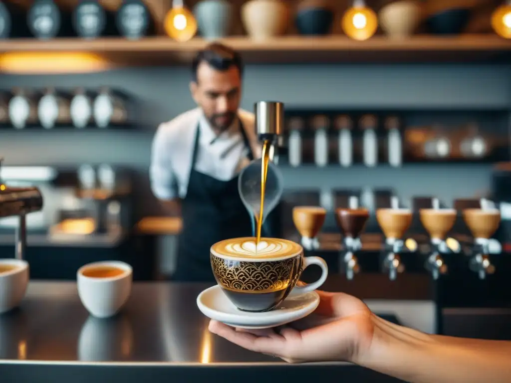 Un barista vierte expertamente espresso dorado en una taza de cerámica, en una atmósfera acogedora de cocina italiana