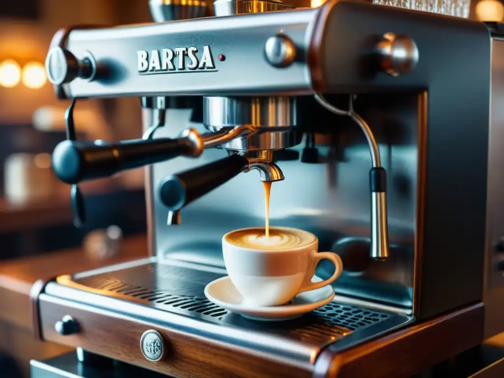 Barista preparando un espresso italiano en cafetera vintage, con aroma a café y crema espesa