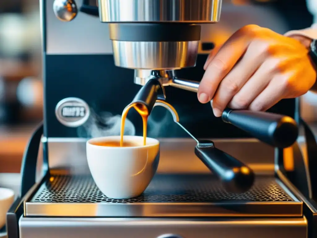 Un barista prepara expertamente un espresso italiano tradicional, con crema y máquina de café, en una cocina acogedora