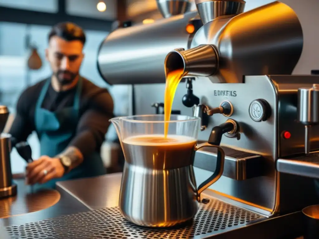 Un barista vierte con maestría un espresso en una jarra brillante, creando remolinos de café oscuro en una cafetería italiana animada