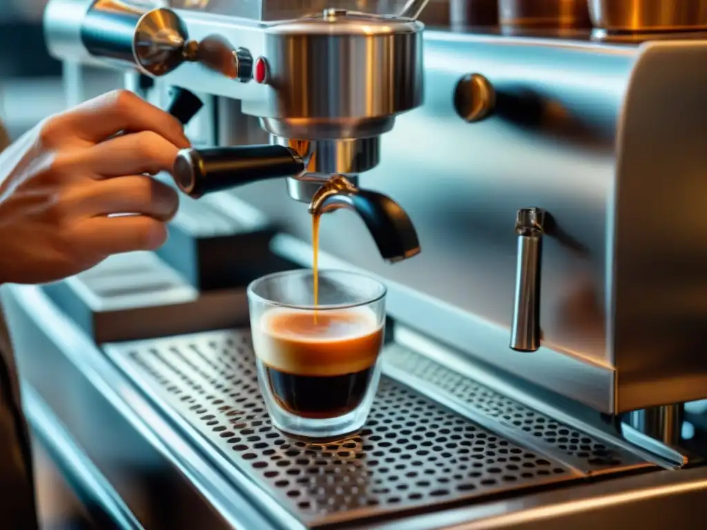 Un barista preparando un espresso, detallando la molienda, el vapor y el café en la taza