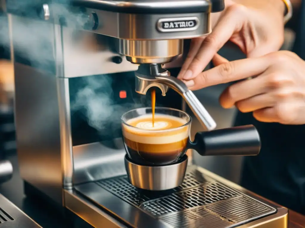 Barista preparando espresso perfecto italiano con crema dorada