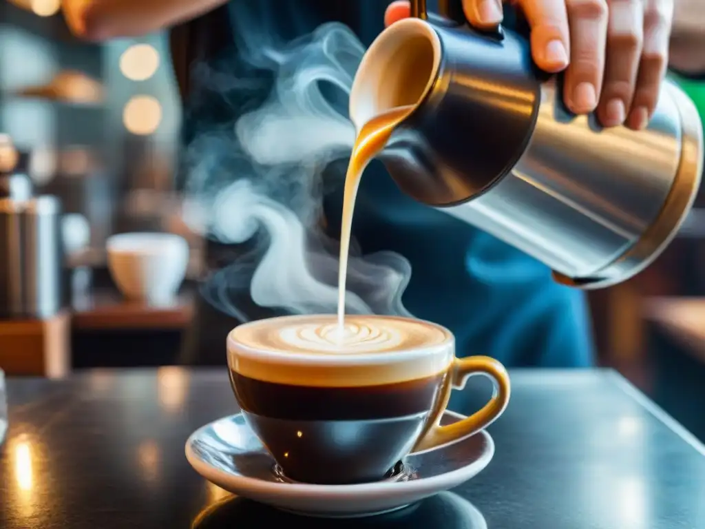 Un barista vierte espresso en taza de cerámica, con crema y vapor, en un café italiano