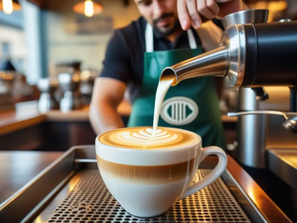 Un barista experto en un bullicioso café en el norte de Italia crea arte latte con precisión y pasión, capturando el ritual del café en Italia