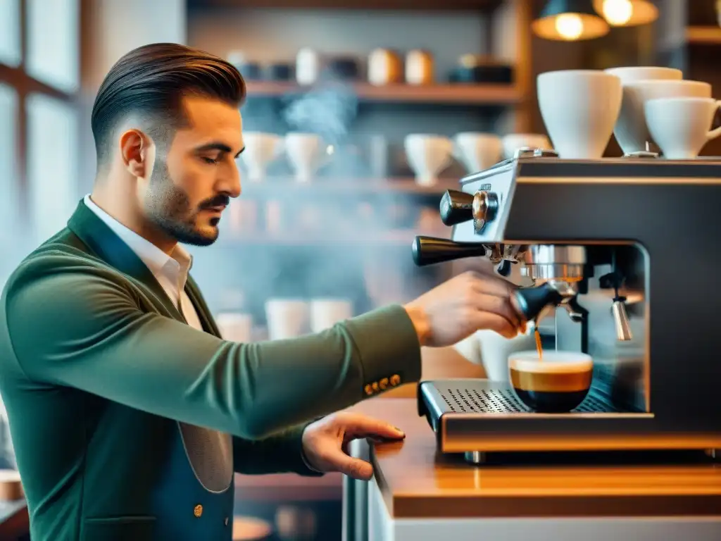 Un barista experto preparando café espresso en un café italiano, capturando el ritual del café en Italia