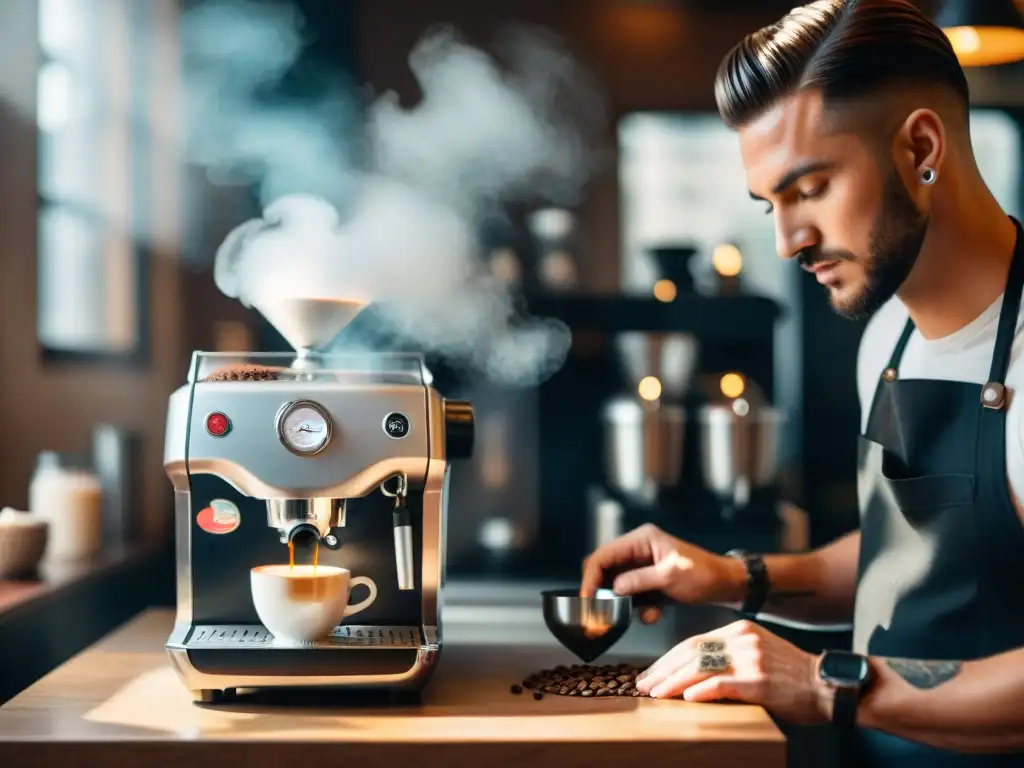 Un barista experto preparando café espresso con precisión y pasión