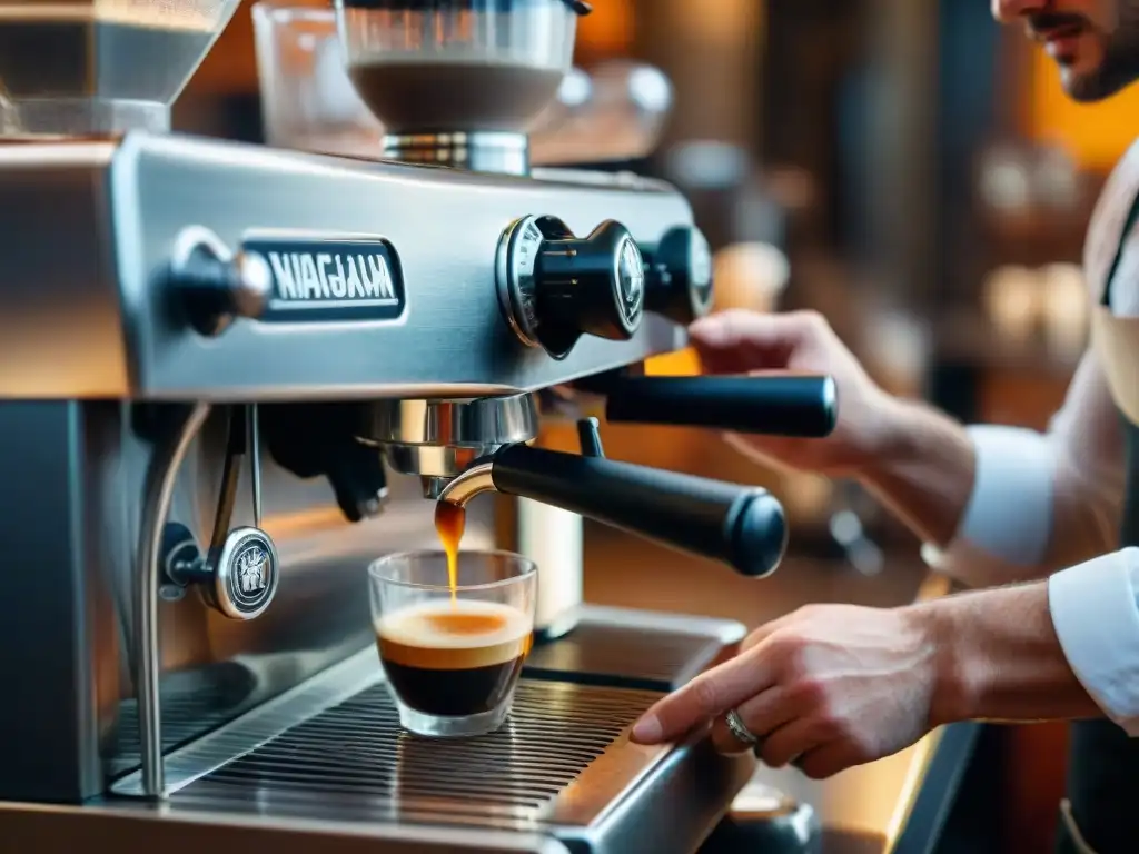 Un barista experto preparando un espresso en una antigua máquina italiana