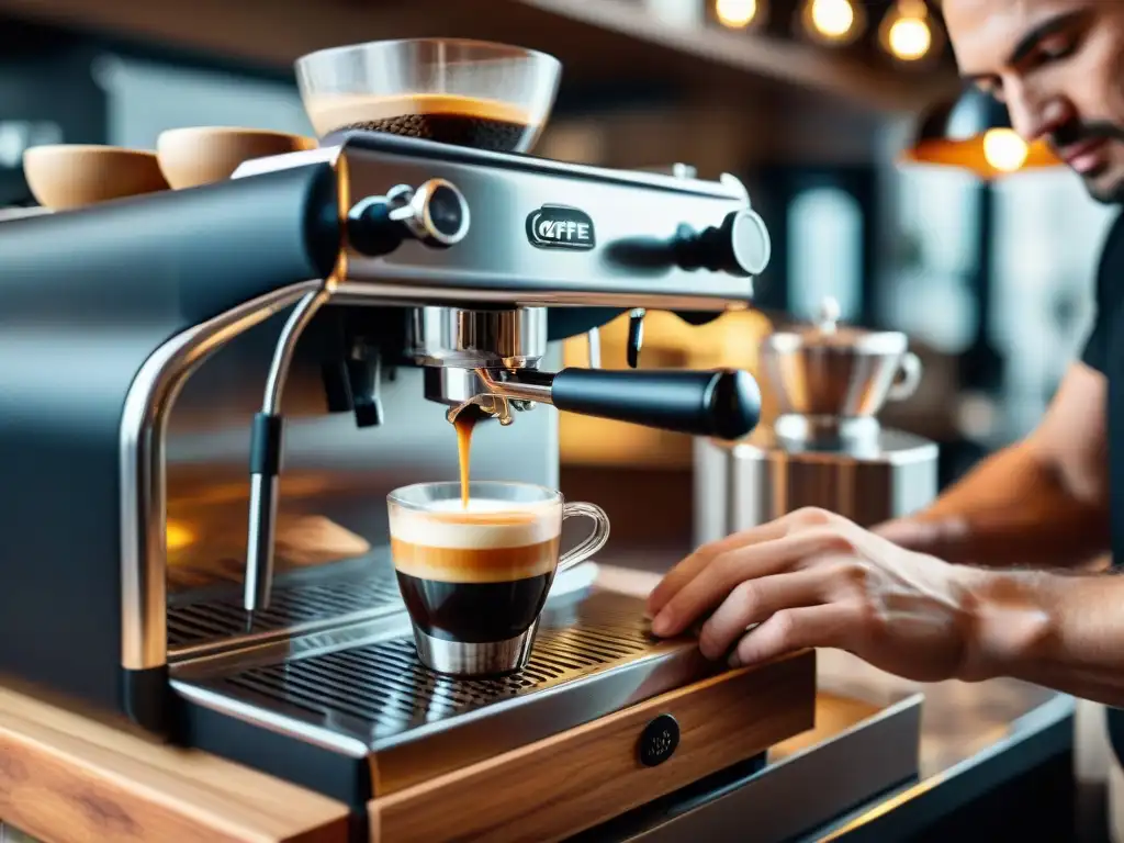 Un barista experto prepara un espresso con la Cafetera Espresso Manual Flair en un acogedor café