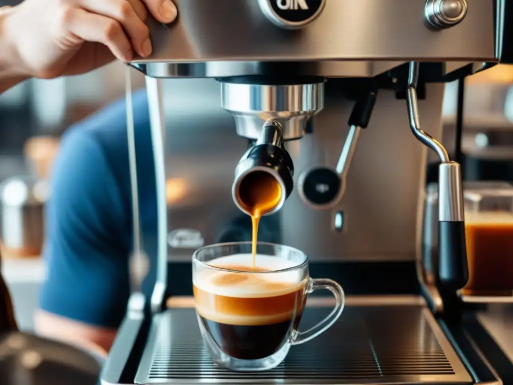 Un barista experto vierte un espresso con precisión, con una crema caramelizada y un ambiente nostálgico de la cultura de la barra italiana