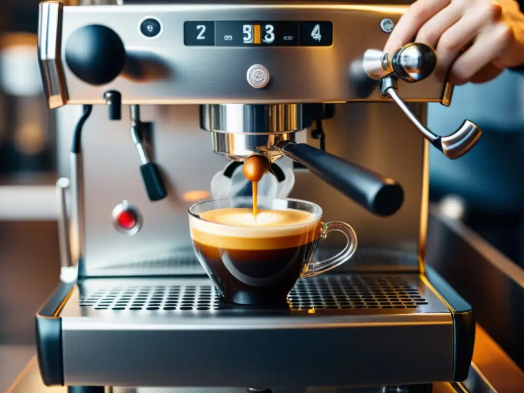 Un barista experto preparando un espresso, con crema dorada, en una cafetera moderna