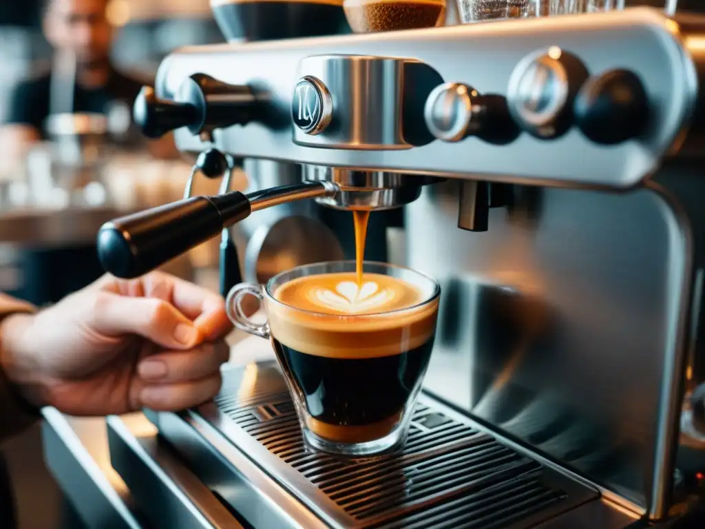 Barista experto preparando un espresso, destacando la crema y la precisión, de las mejores marcas de espresso