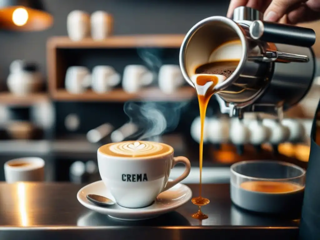 Un barista experto sirviendo un espresso cremoso en una taza de porcelana en una cocina italiana