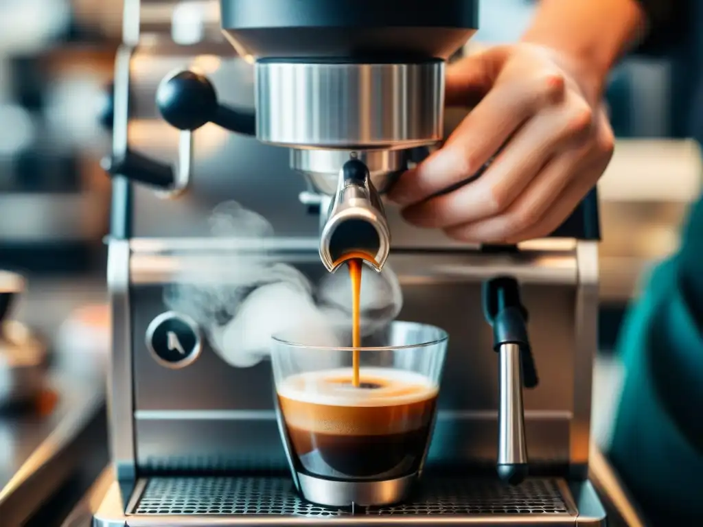 Barista experto preparando espresso con destreza, mostrando los secretos del espresso perfecto italiano