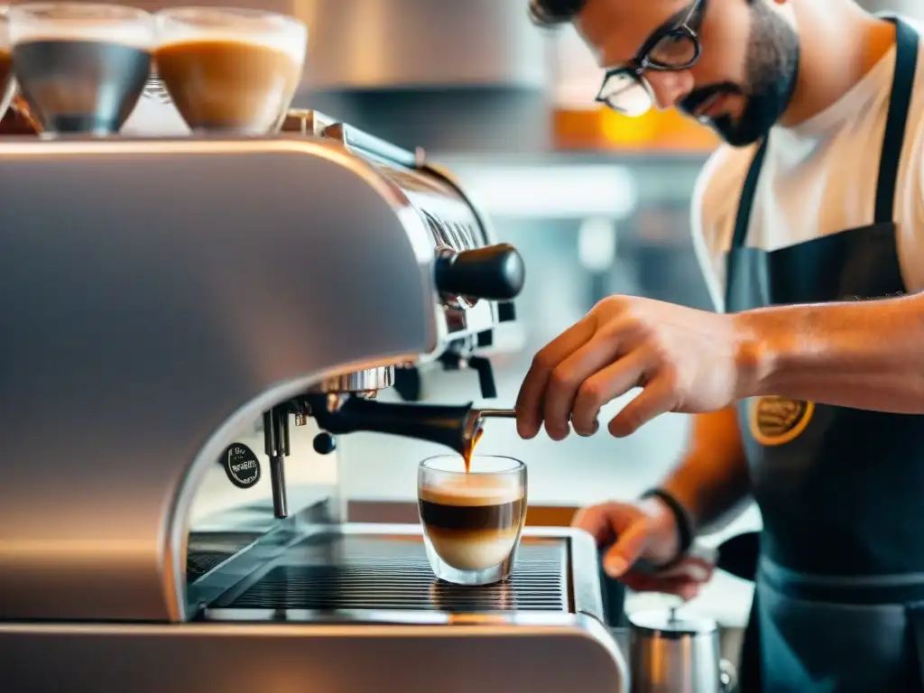 Un barista experto preparando un espresso italiano con pasión en una cafetería bulliciosa