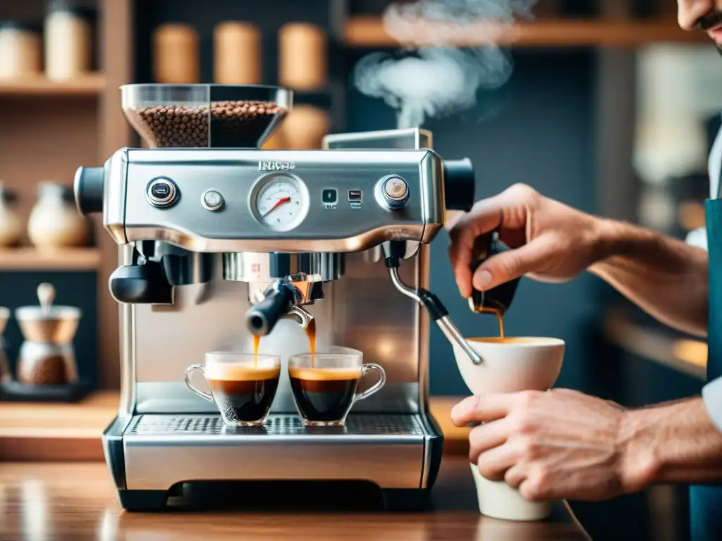 Barista experto preparando un espresso italiano tradicional en una cafetería italiana, con orígenes y variedades del café italiano