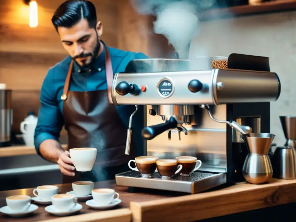 Un barista experto preparando un espresso italiano tradicional en una cafetería bulliciosa, con vapor, crema y tazas vintage en un ambiente rústico