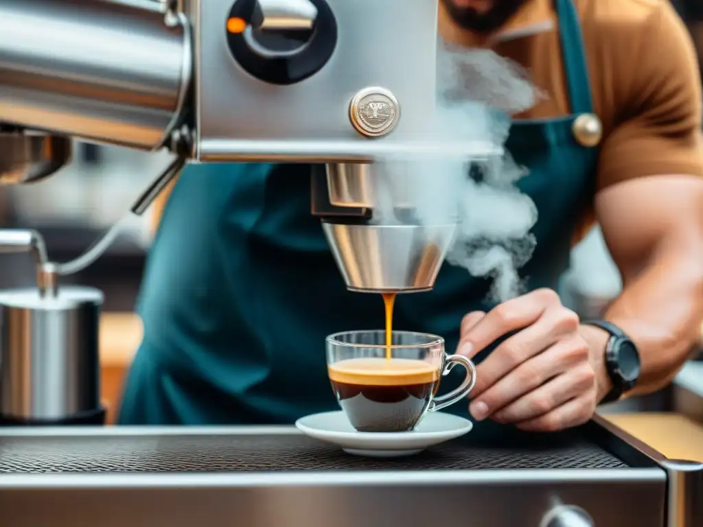 Un barista experto preparando un espresso italiano en una taza vintage en un café histórico italiano con bebidas exclusivas cafés italianos