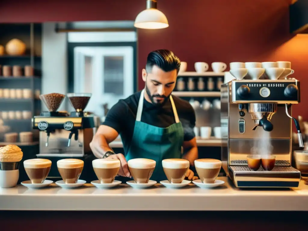 Un barista experto preparando un espresso italiano en una cafetería bulliciosa de Roma