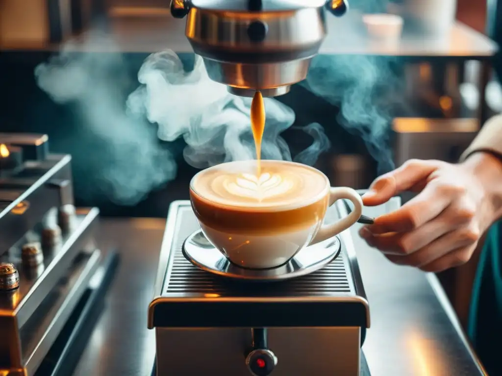 Un barista experto preparando un espresso italiano tradicional en una animada cafetería de Italia