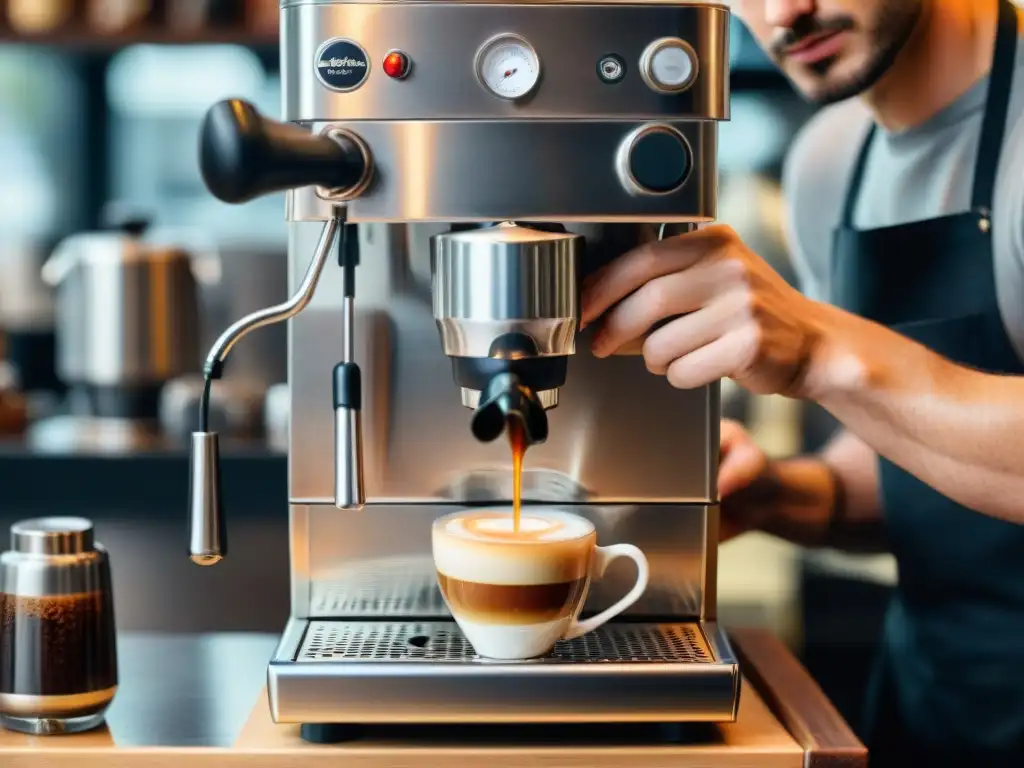 Un barista experto preparando un espresso italiano, con vapor y detalles de la tradición