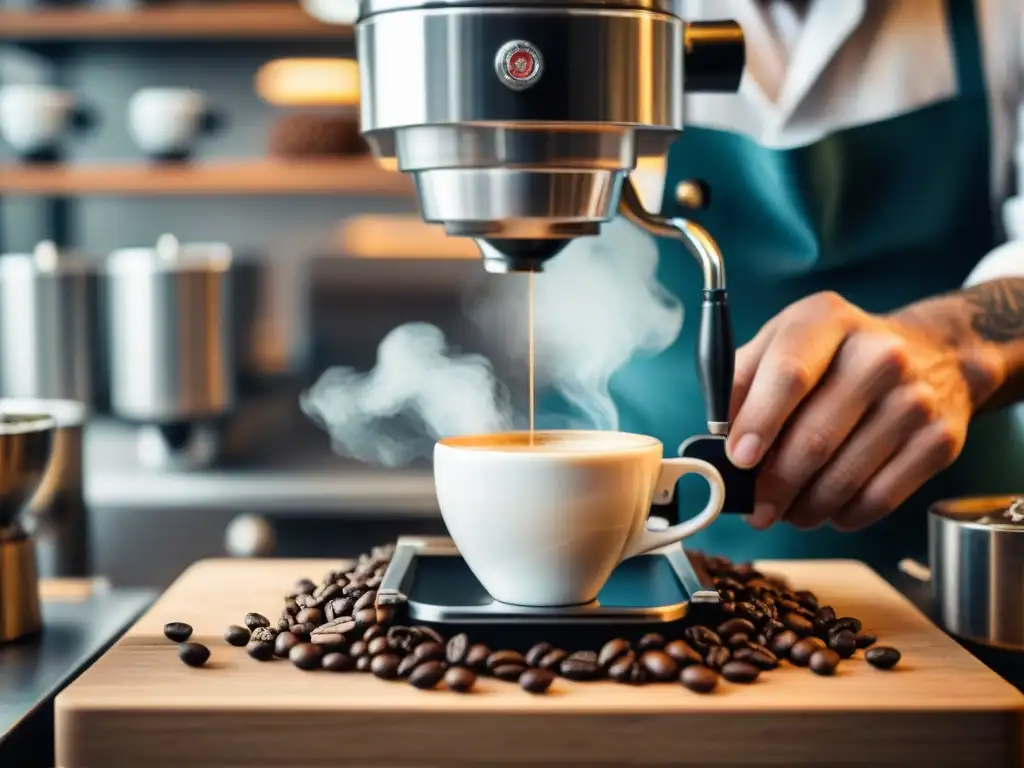 Un barista experto preparando espresso italiano perfecto en un café del sur de Italia