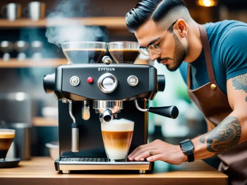 Un barista experto crea un espresso en máquina tradicional, fusionando nuevas tendencias con el espresso tradicional