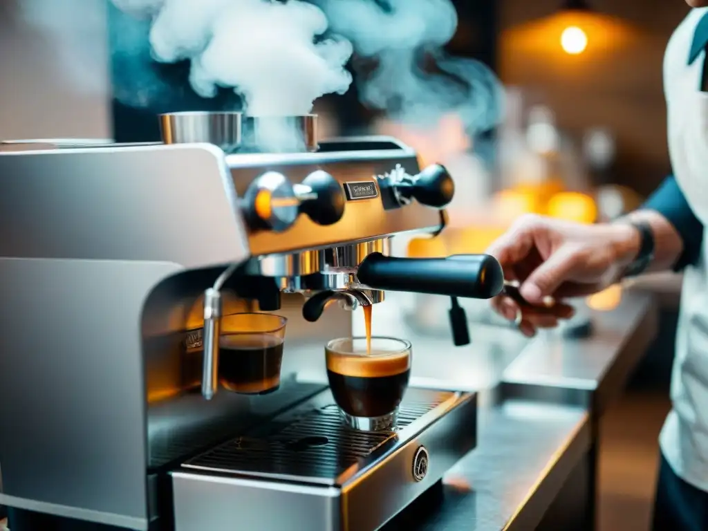 Un barista experto preparando espresso en una máquina moderna, capturando la historia del espresso en Italia