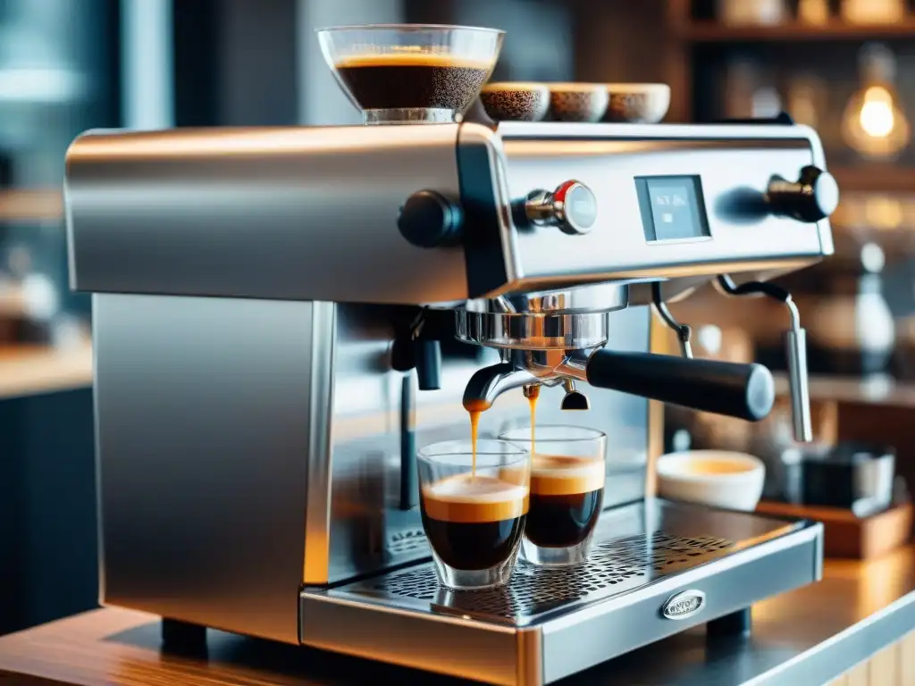 Un barista experto prepara un espresso en una moderna cafetería italiana, fusionando tradición y modernidad