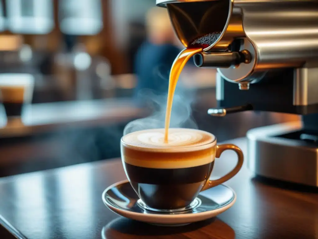 Un barista experto vierte un espresso oscuro en una taza de cerámica, creando una crema perfecta