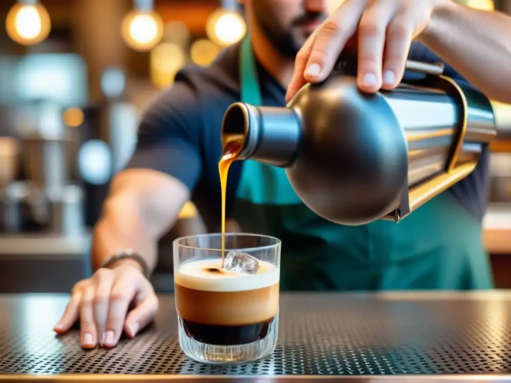 Un barista experto vierte espresso en un shaker con hielo en un café italiano