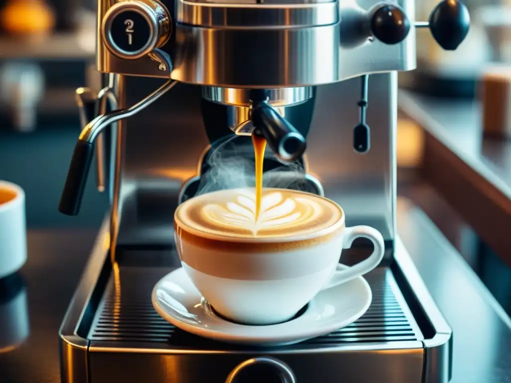 Barista experto sirviendo espresso en taza blanca, máquina italiana al fondo