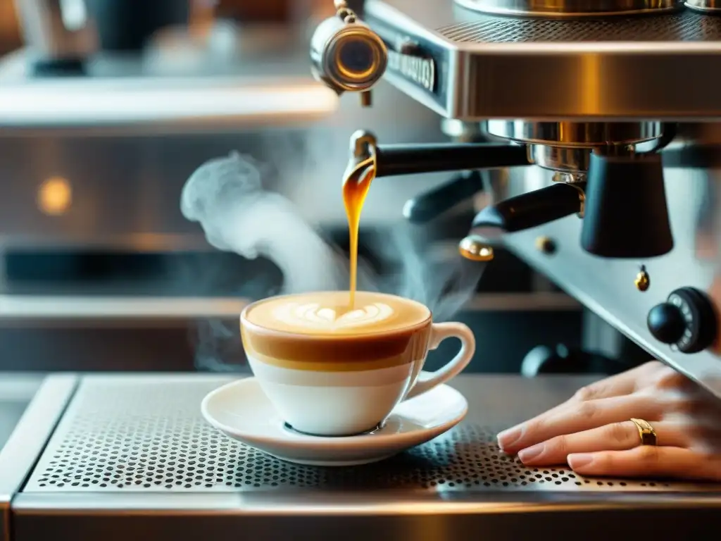 Barista experto sirviendo espresso en taza elegante, destacando la crema dorada y el vapor, en degustación privada espresso cocina italiana