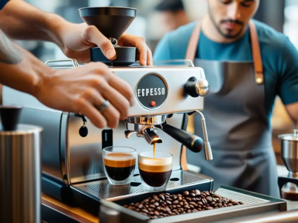 Un barista experto prepara un espresso tradicional italiano en una cafetería vintage, reflejando las nuevas tendencias espresso tradicional