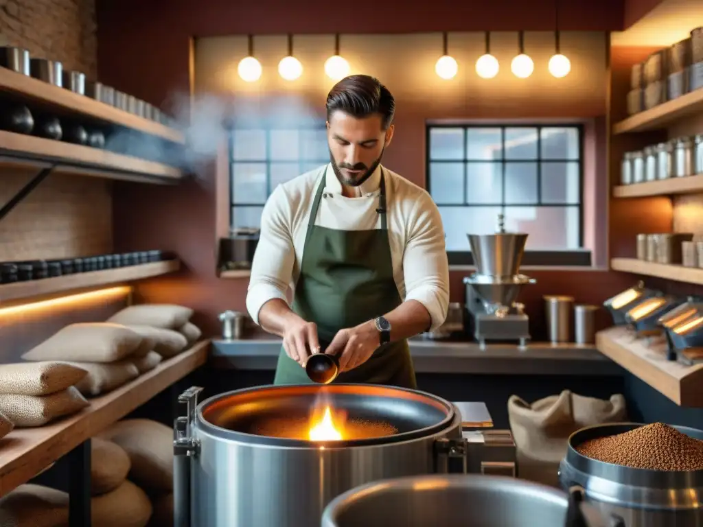 Barista experto tuesta granos de café en histórica cafetería italiana, en escena detallada y envolvente