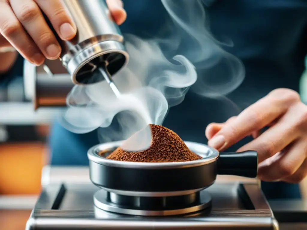 Un barista experto tampa granos de café en un portafiltro, revelando los secretos para preparar café espresso