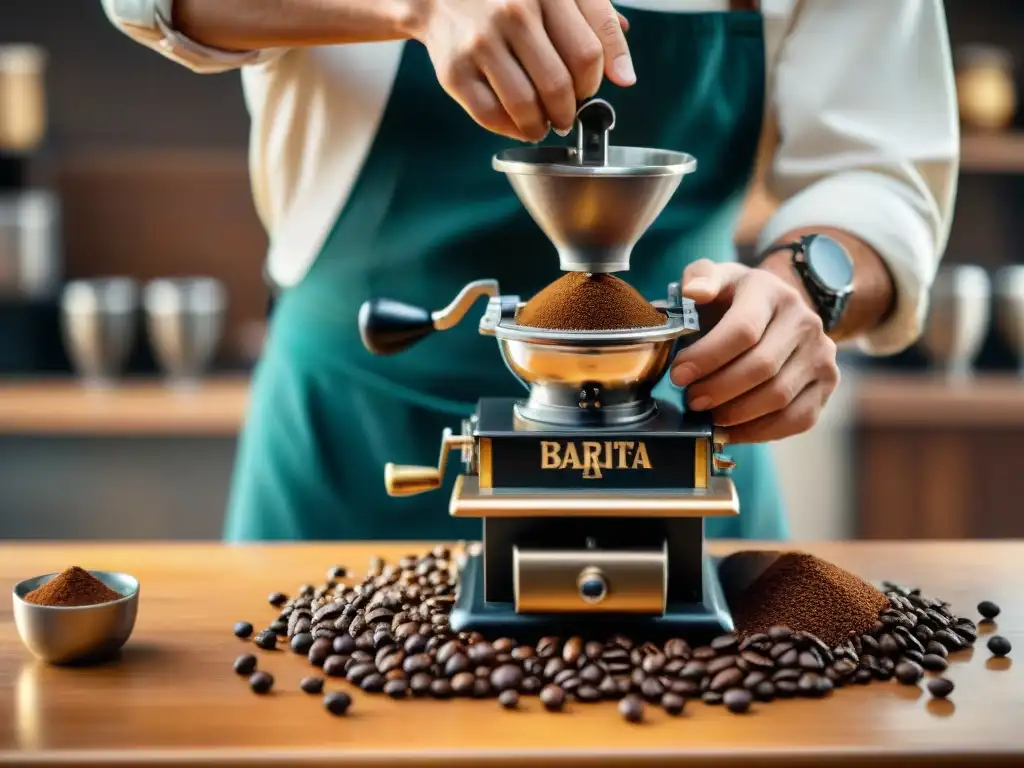 Un barista experto muele granos de café frescos con precisión para preparar espresso italiano perfecto