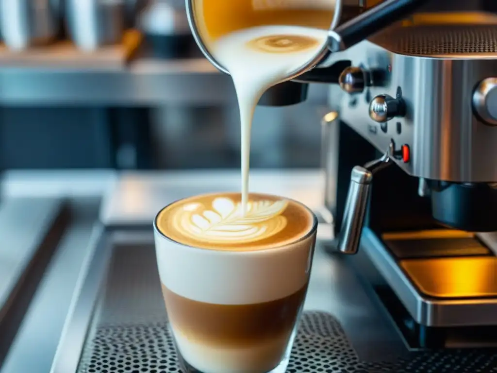 Un barista experto vierte leche con destreza en un espresso, creando arte en un café con diseño de cafeterías italianas especializadas