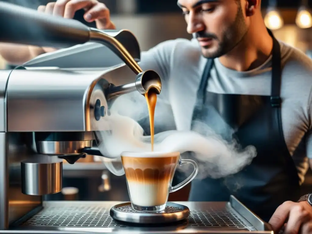 Barista experto transformando leche para espresso, fusionando cultura italiana con modernidad gourmet en una escena documental de café