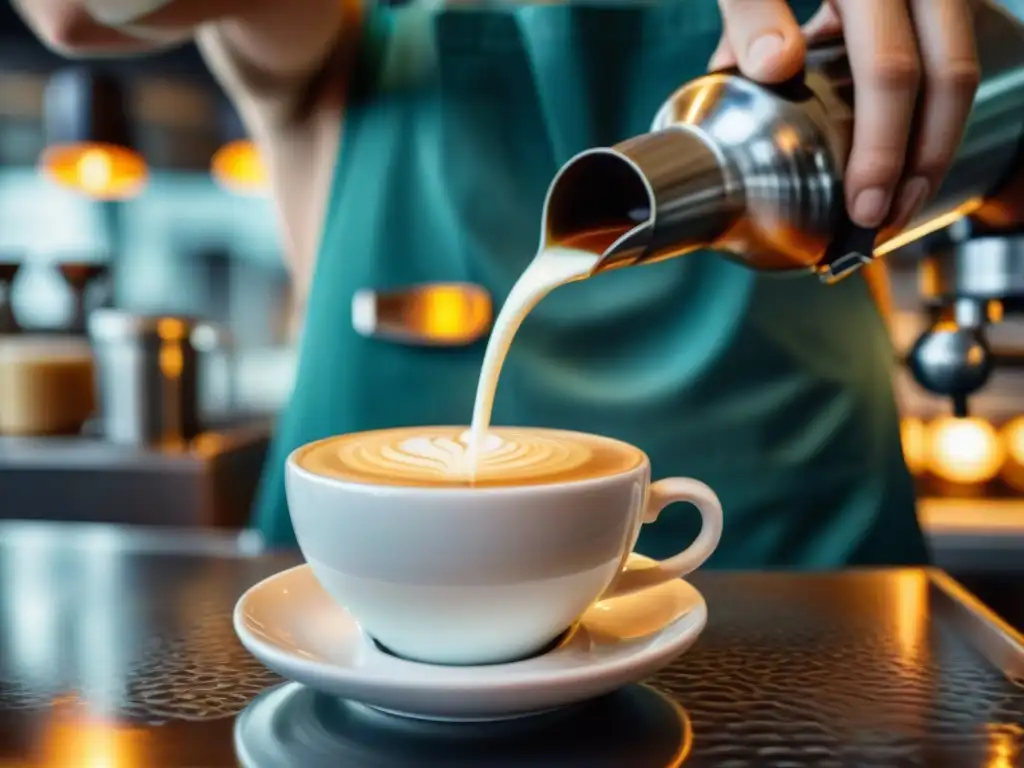 Un barista experto vierte leche en un espresso, creando un Café Marocchino receta auténtica