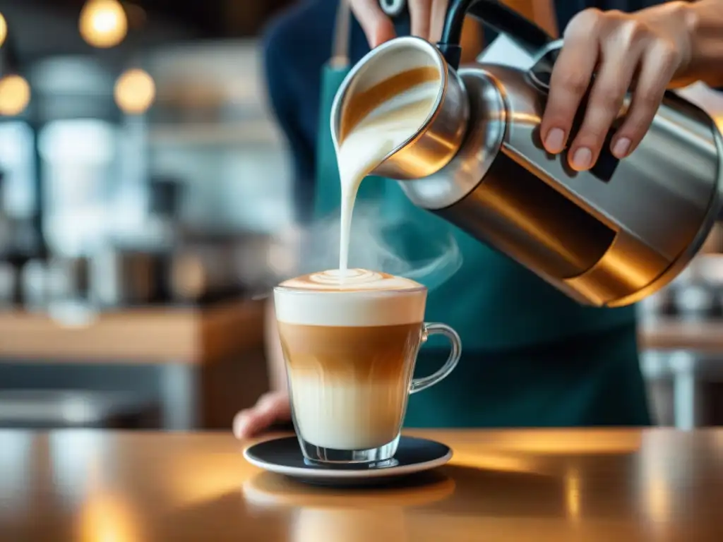 Un barista experto mezcla leche y espresso, uniendo el café y la moda con arte y precisión