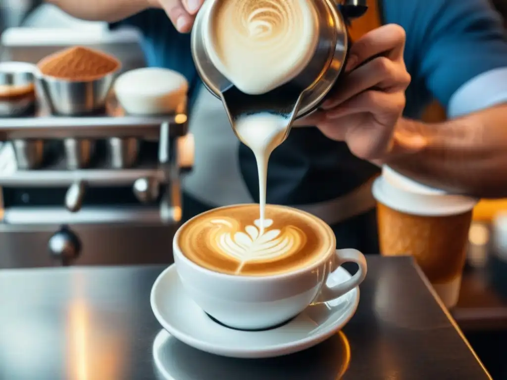 Un barista experto vierte cuidadosamente leche vaporizada en un espresso, creando un hermoso cappuccino en una taza italiana