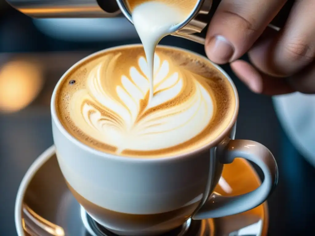 Un barista experto vierte leche vaporizada en un espresso, creando arte latte