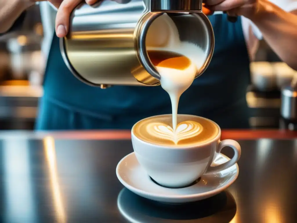 Un barista experto vierte leche vaporizada en un espresso, creando arte latte en forma de corazón en un animado café italiano