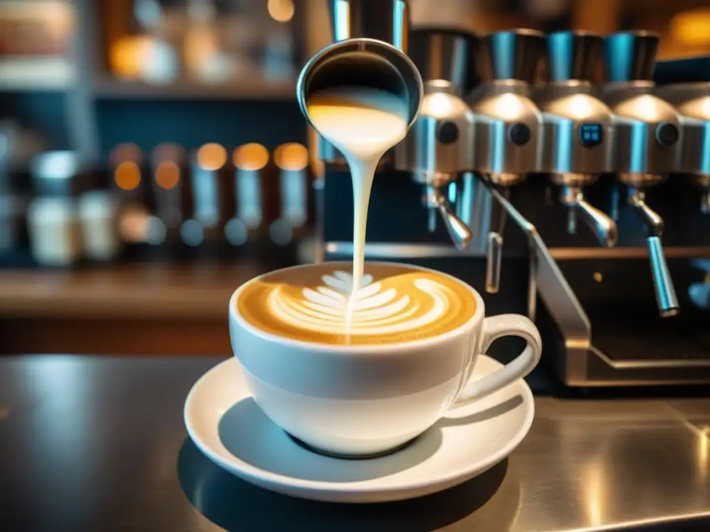 Un barista experto vierte leche vaporizada en un espresso, creando un remolino de crema