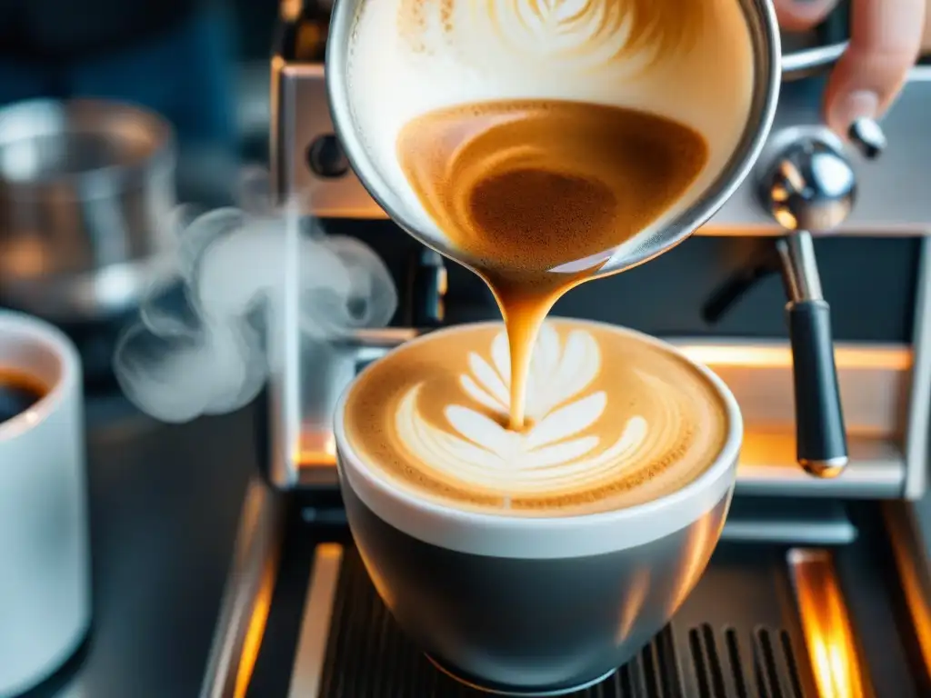 Un barista experto fusiona leche vaporizada y espresso, creando arte latte en una taza