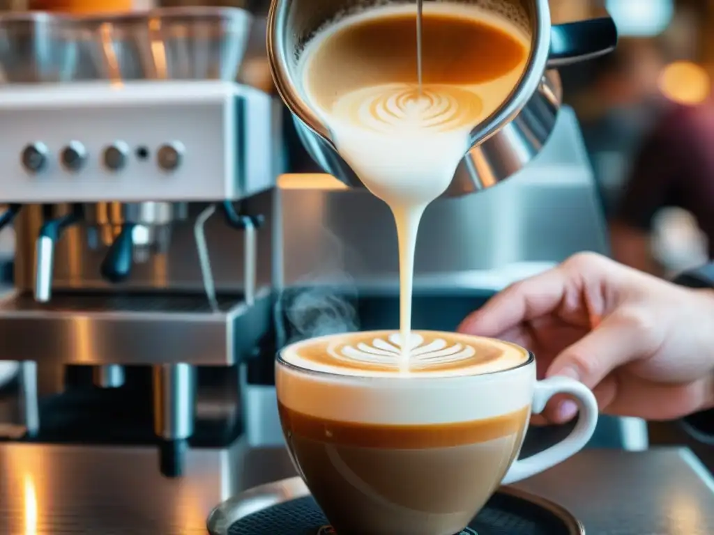 Un barista experto vierte leche vaporizada en un espresso, creando patrones armoniosos en una taza decorada con diseños florales