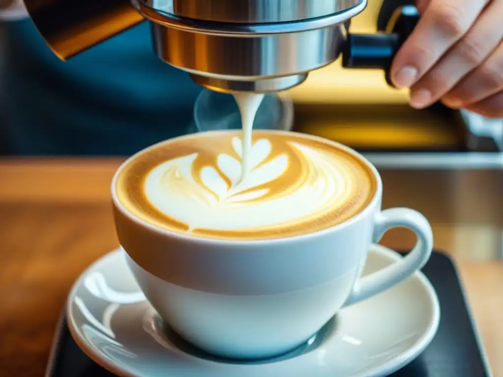 Un barista experto vierte leche vaporizada en un espresso, creando un diseño de arte latte